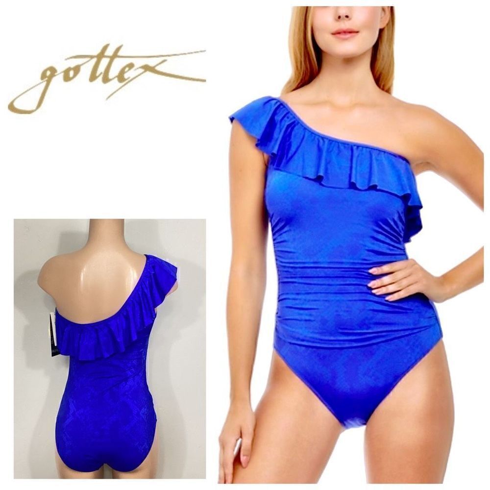 New. GOTTEX blue snakeskin ruffle swimsuit. Retails $138. Size 12